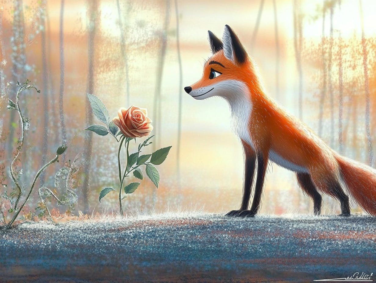 숲 속의 장미를 바라보는 여우