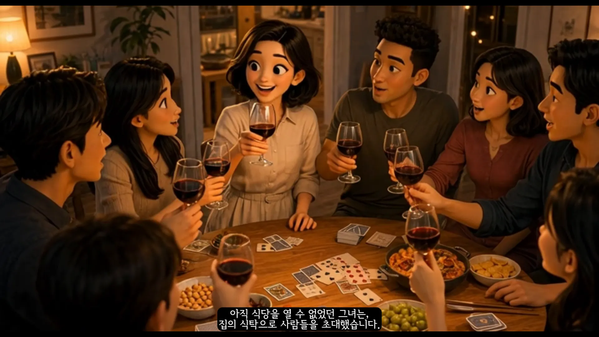 한 무리의 사람들이 테이블 주위에 앉아 와인을 마시고 있다
