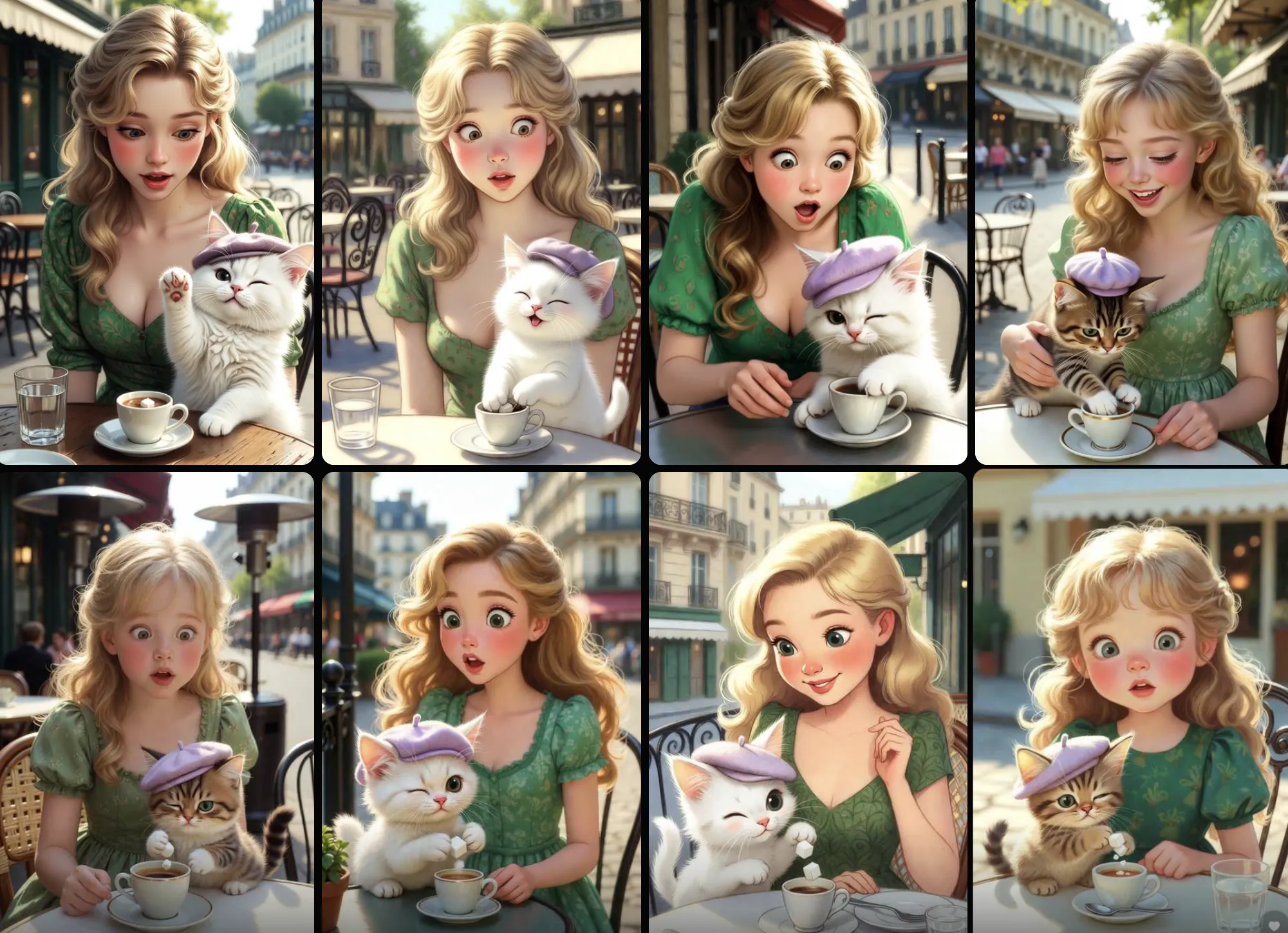 고양이와 차 한잔을 들고 있는 소녀의 사진 콜라주