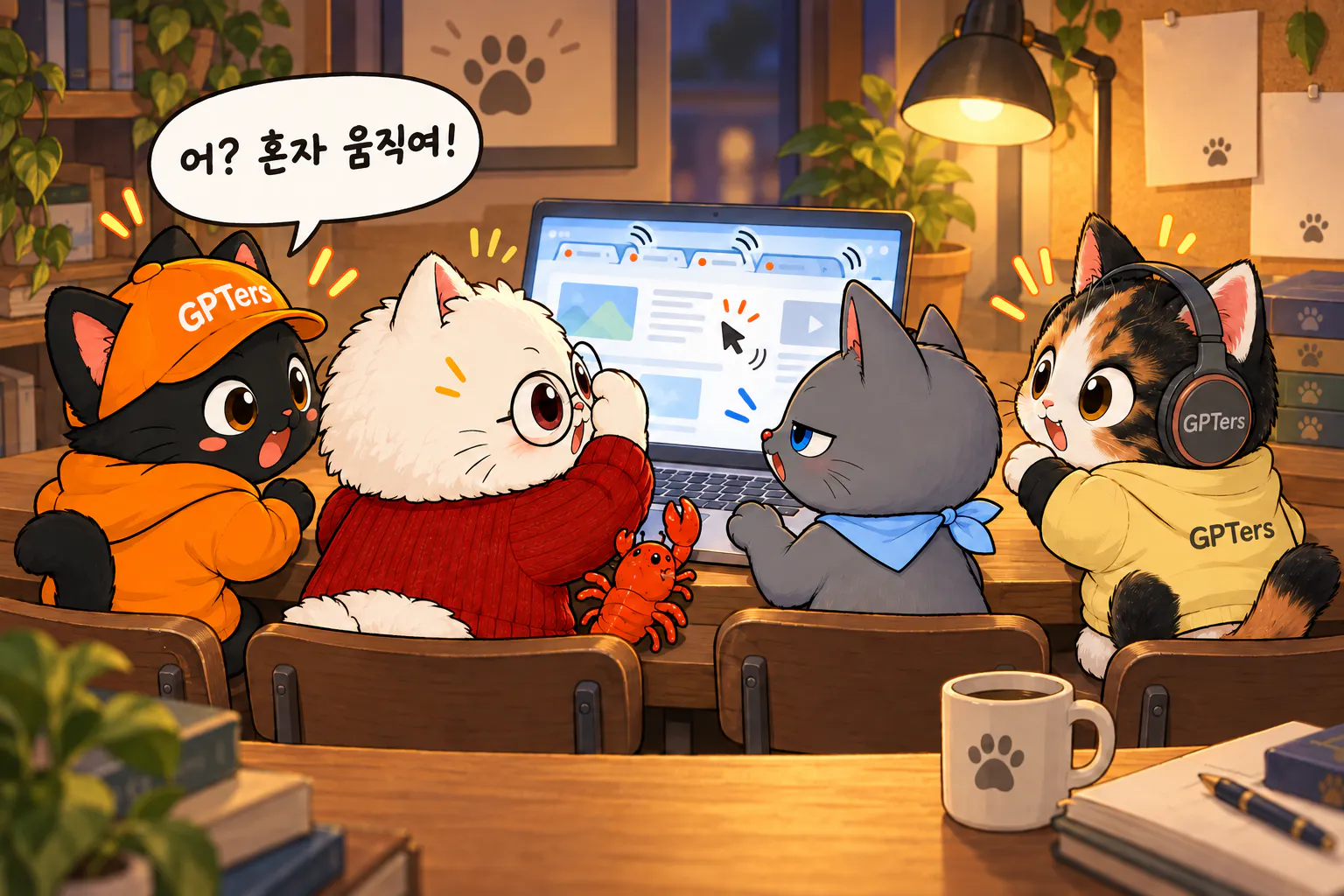 뽀피터스 네 마리가 저절로 움직이는 브라우저 화면을 보며 놀라는 장면