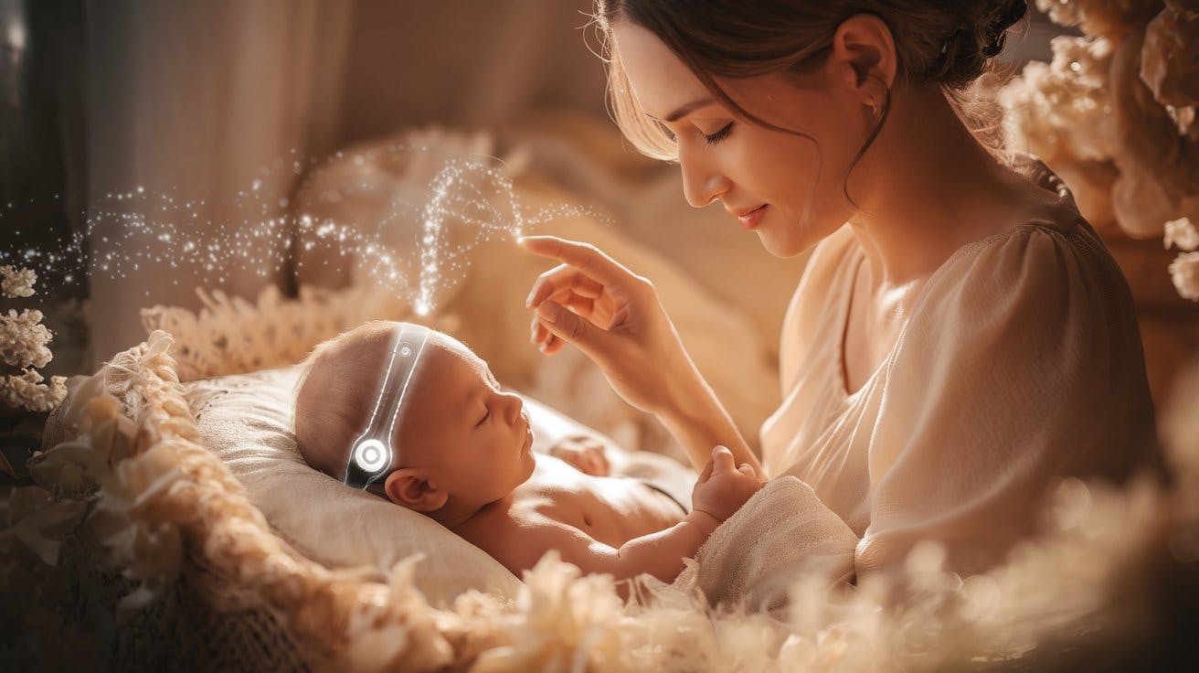 한 여자가 바구니에 아기를 안고 있습니다