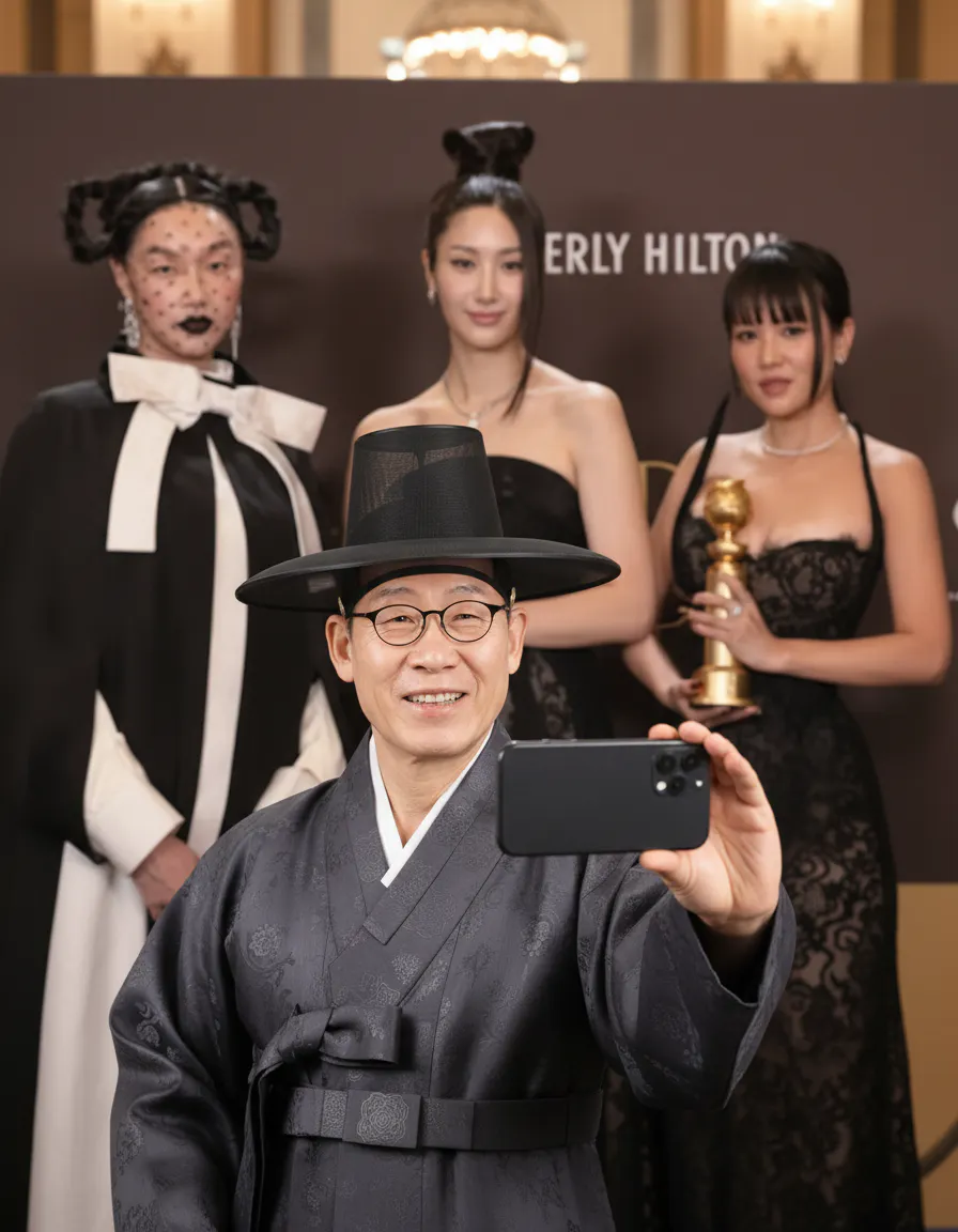 기모노를 입은 남자가 여러 사람들과 셀카를 찍는다