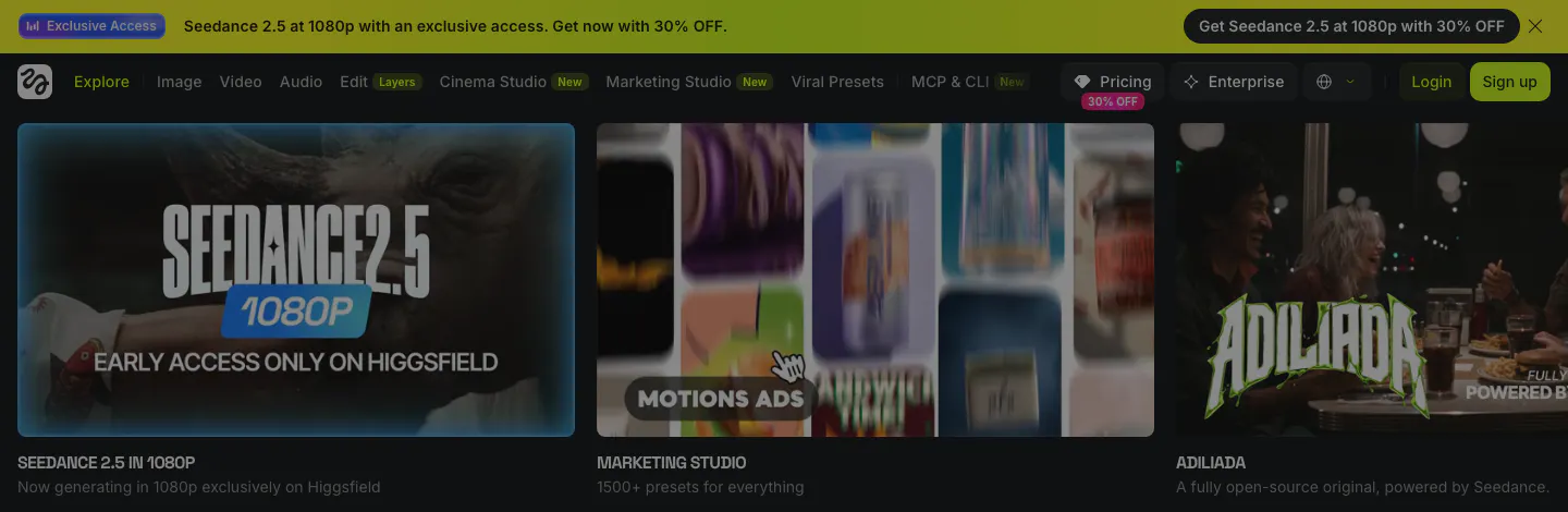 힉스필드 홈 상단. Image·Video·Audio·Edit Layers·Cinema Studio·Marketing Studio·Viral Presets·MCP & CLI 메뉴와 Seedance 2.5 배너