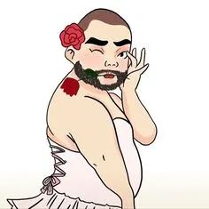 발레리나 복장을 하고 머리에 장미를 꽂은 남자