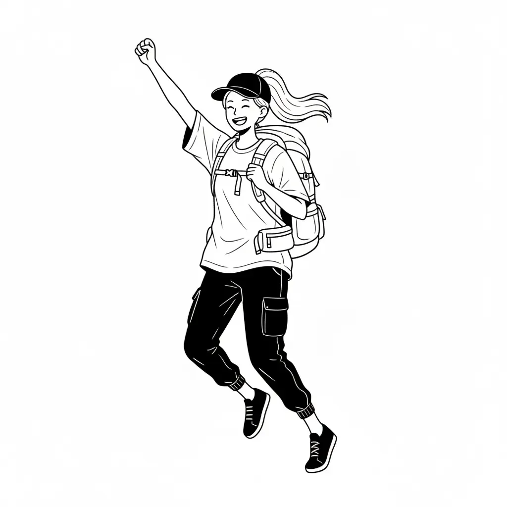 배낭을 메고 있는 소녀의 흑백 그림