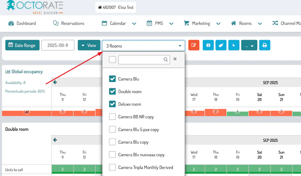 Is it possible to select multiple rooms together for calendar viewing?