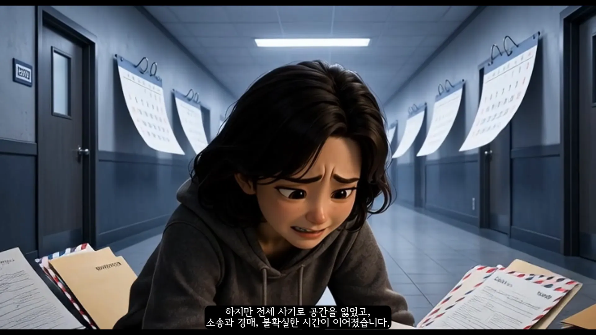 한 소녀가 많은 서류를 들고 복도에 앉아 있다