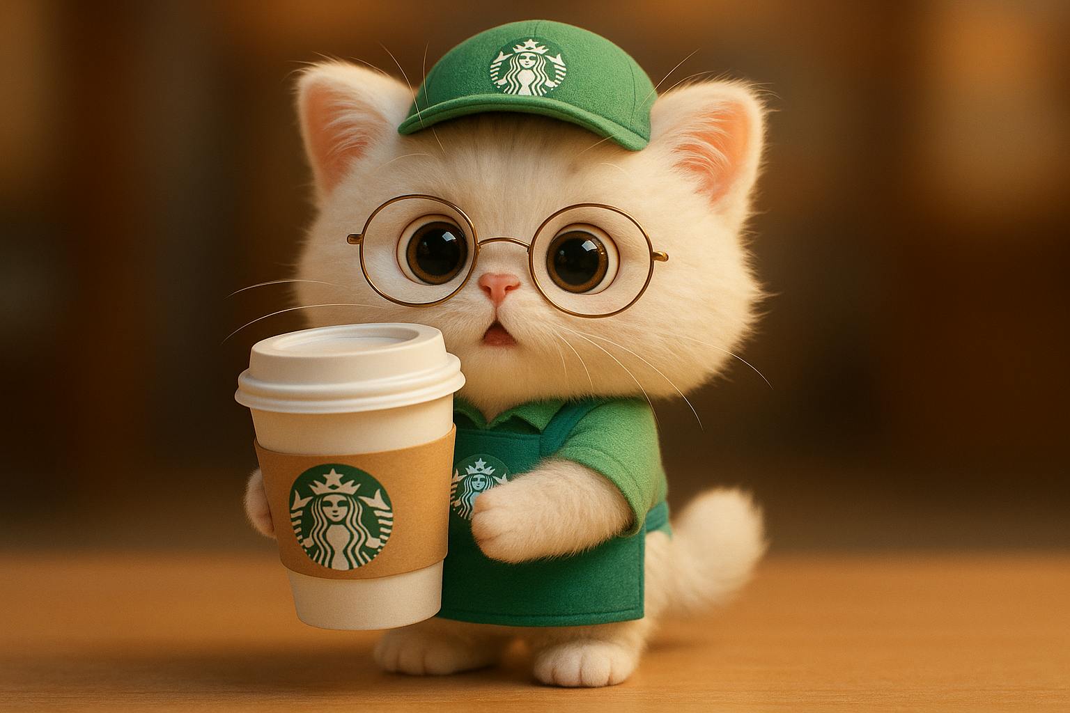 커피 한 잔을 들고있는 귀여운 스타 벅스 고양이