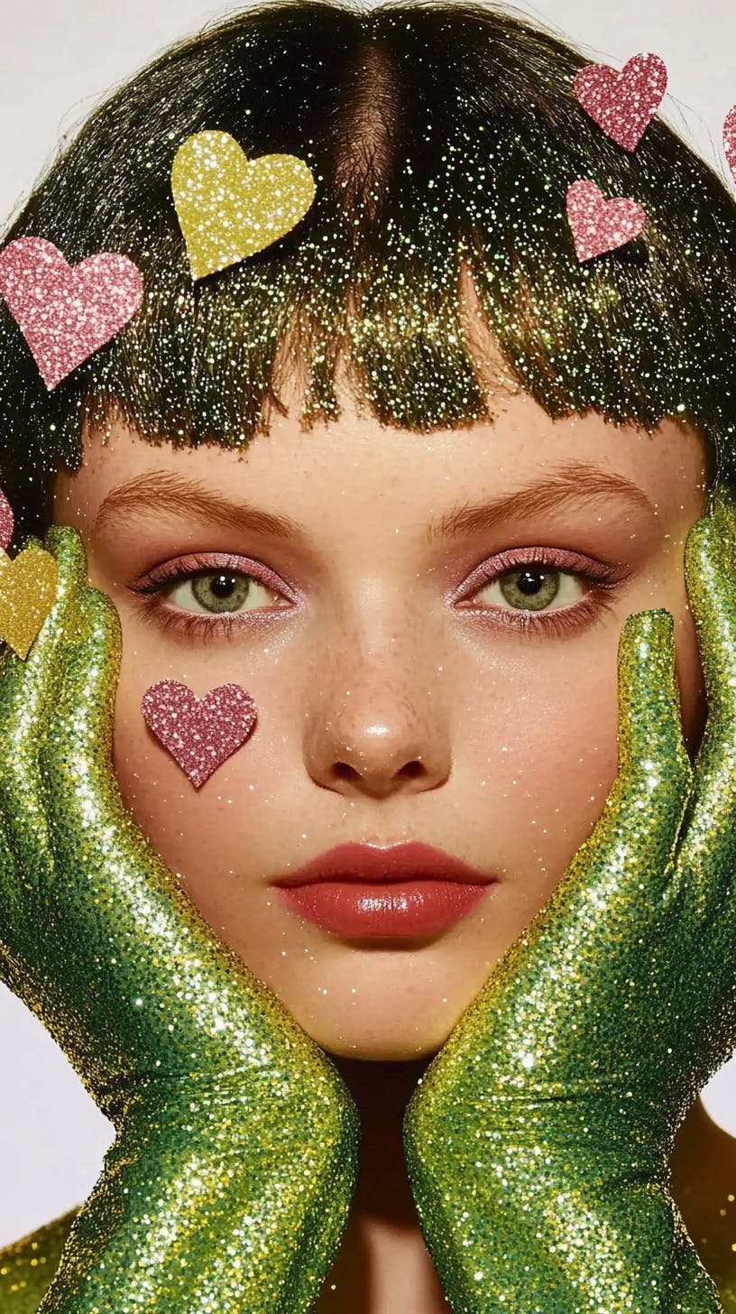 그녀의 얼굴에 녹색 장갑과 하트를 가진 여자