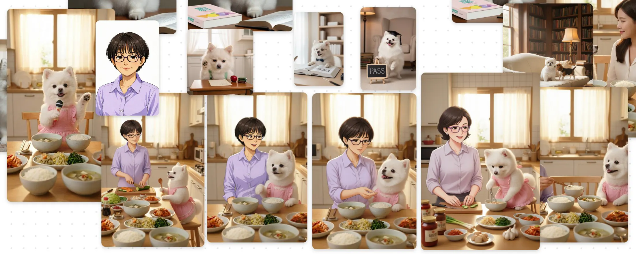 여자와 개를 보여주는 일련의 사진