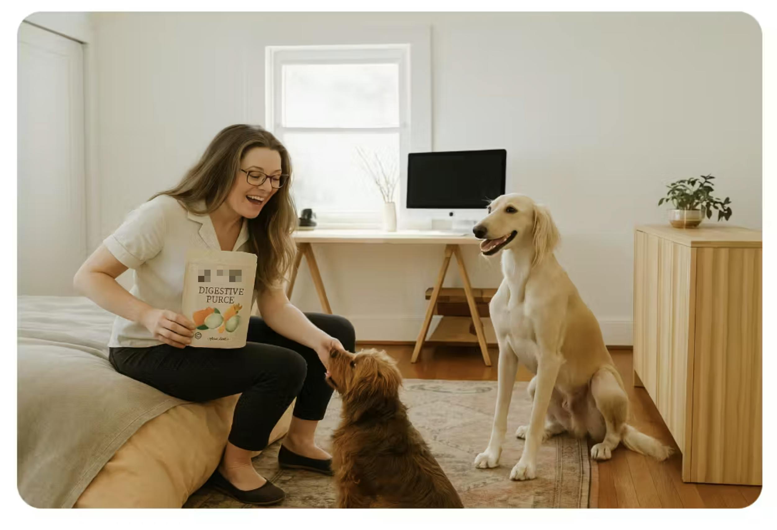 침대에서 개에게 책을 읽는 여자