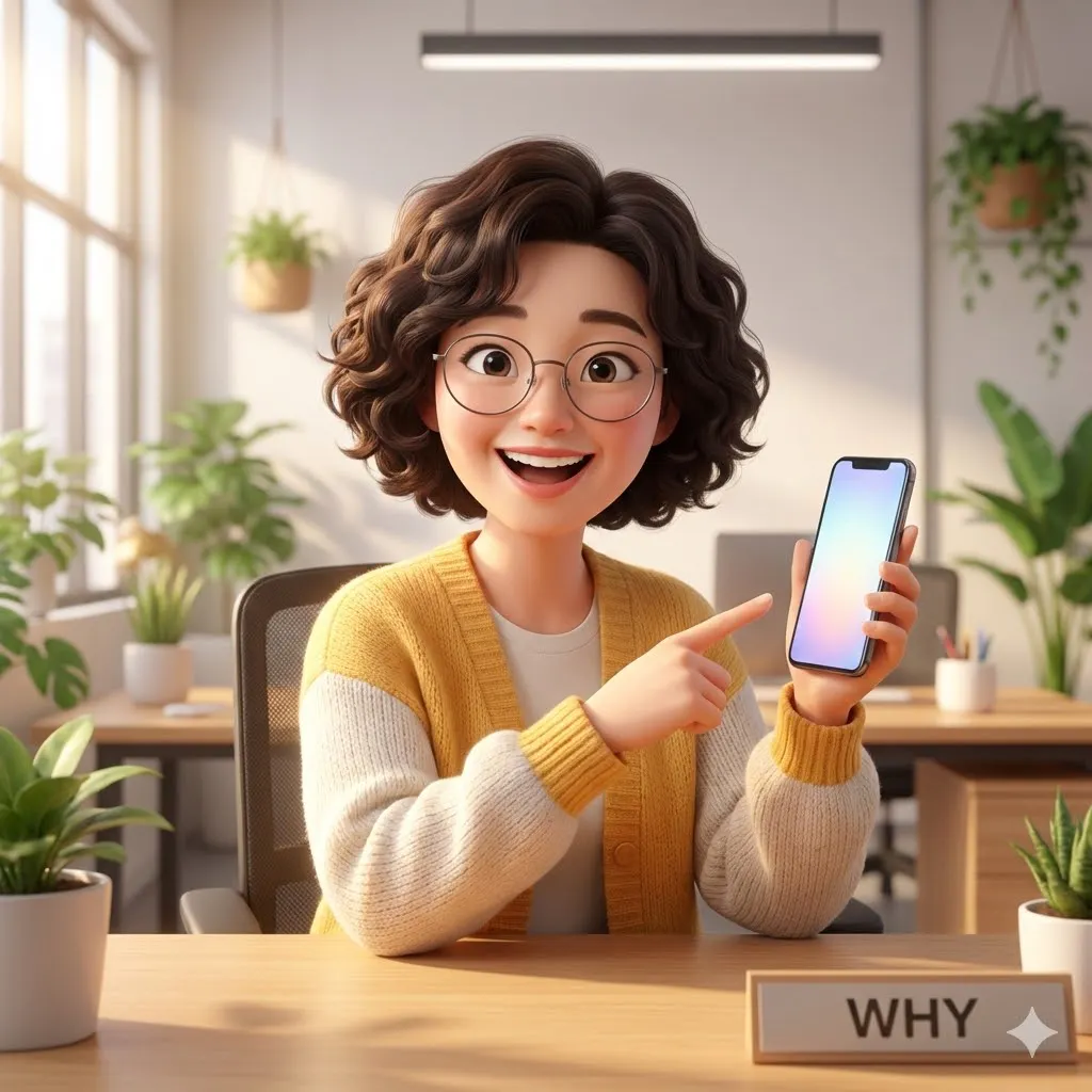 한 여자가 책상에 앉아 휴대폰을 가리키고 있다