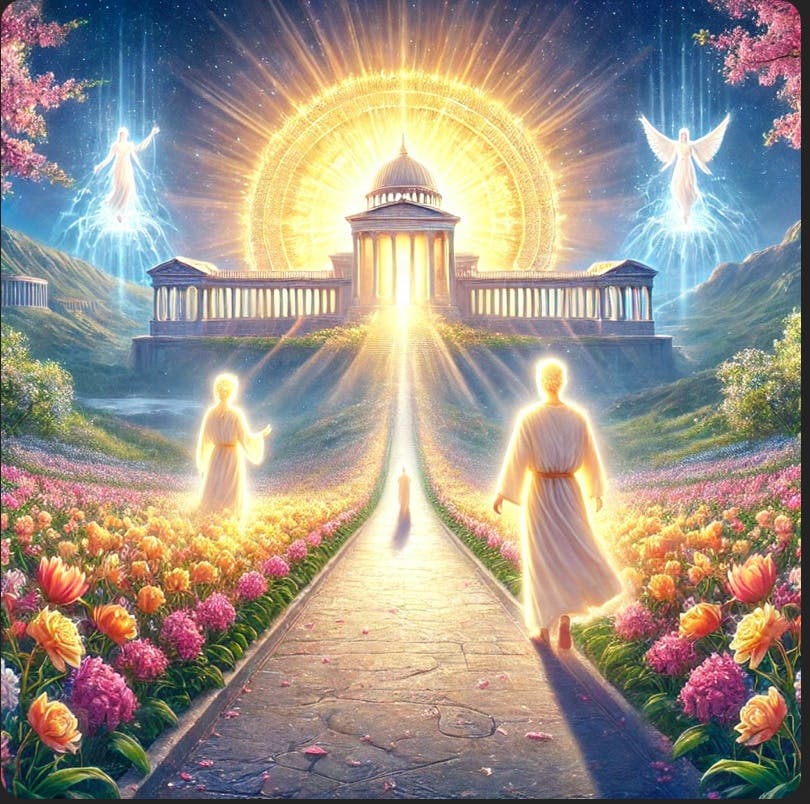 절 앞 길을 걷고 있는 두 사람의 그림