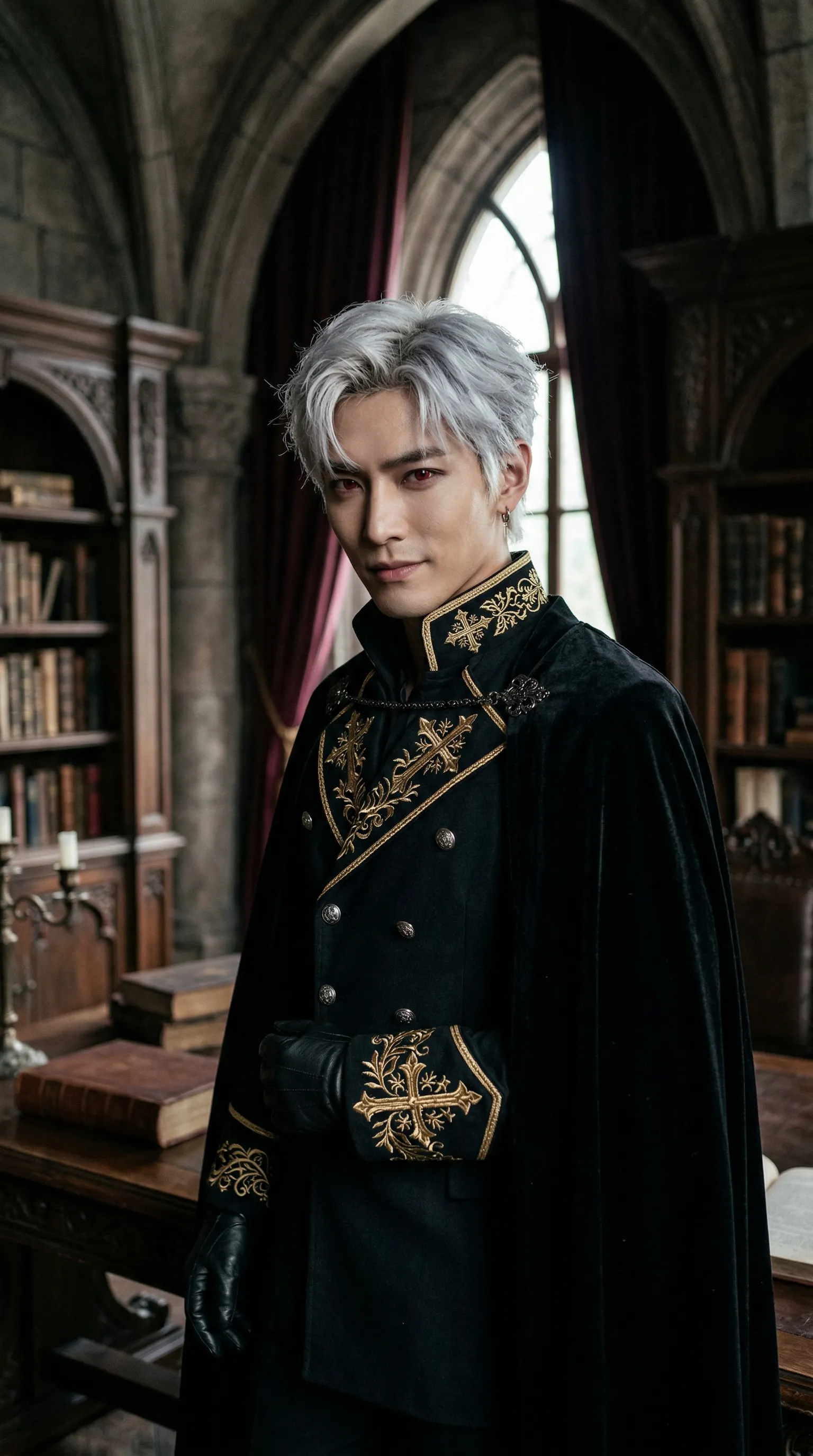 흰 가운을 입은 남자가 도서관에 서 있다