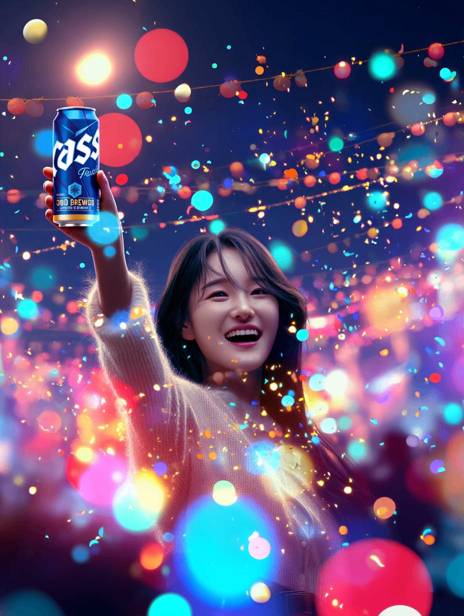 그 주위에 색종이와 맥주 캔을 들고있는 여자