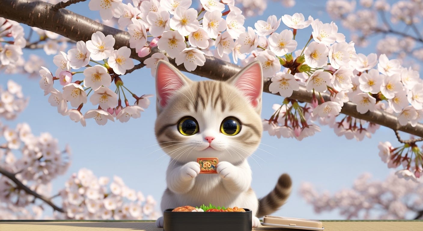 고양이는 벚꽃 나무 앞에서 초밥을 먹고 있습니다.
