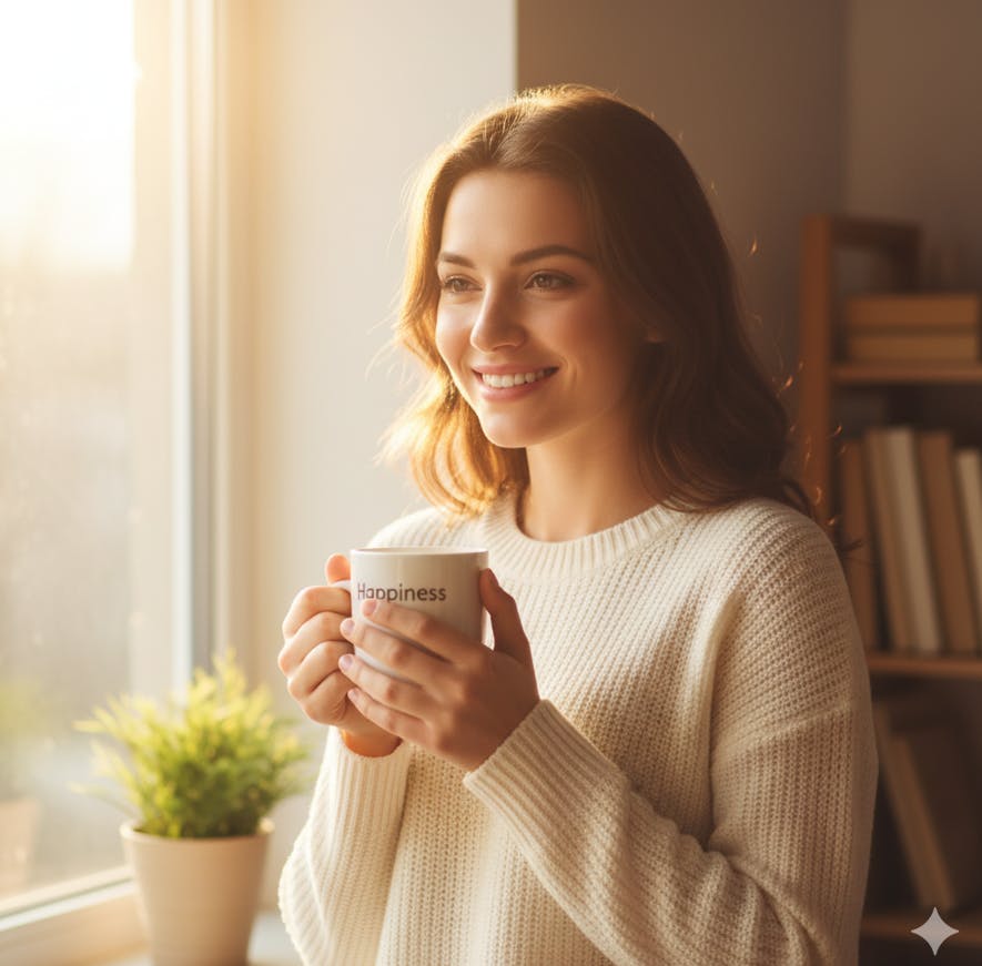창문 앞에서 커피 머그잔을 들고있는 여자