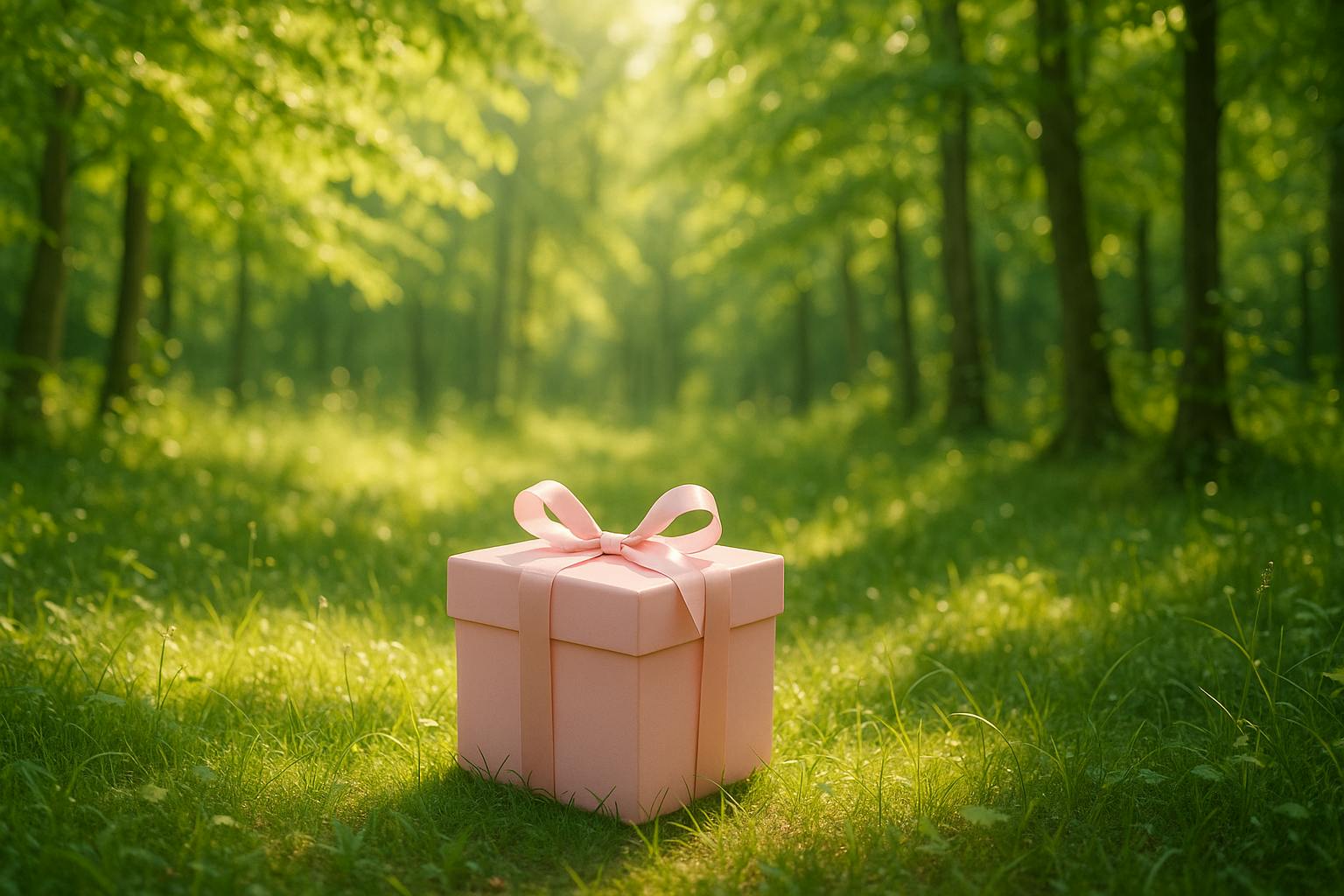 녹색 숲 한가운데의 분홍색 선물 상자