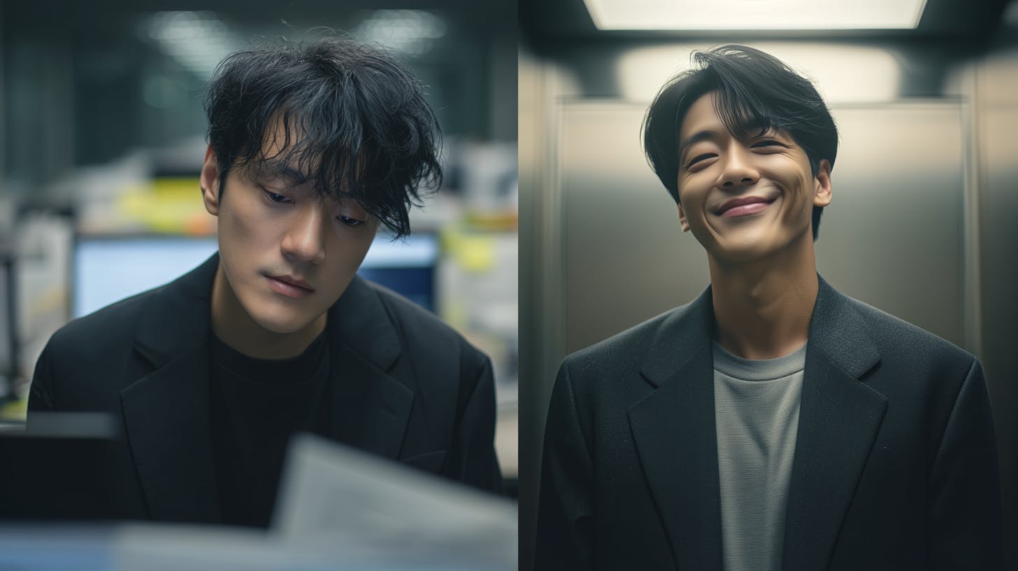 엘리베이터에서 웃는 남자의 두 장