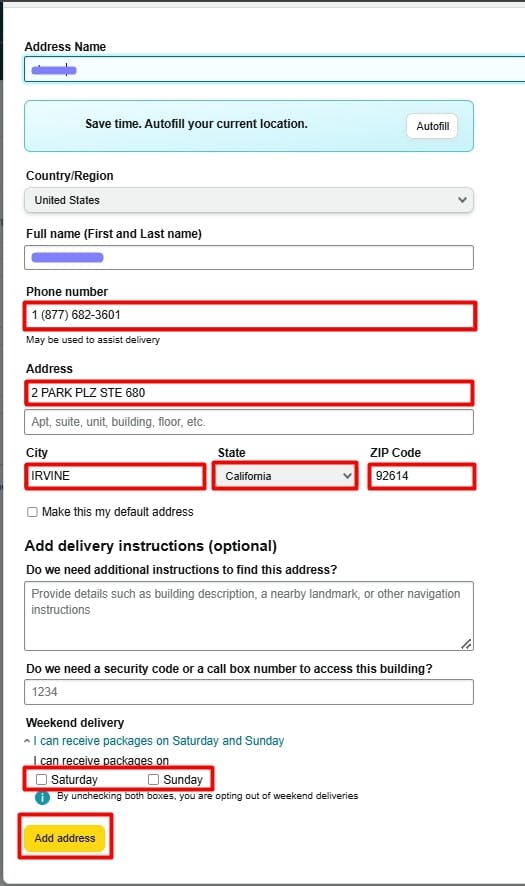 picture showing the steps on how to fill in the form of the return address in your Amazon seller account