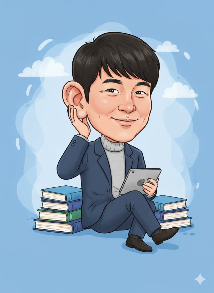 책 더미에 앉아있는 남자 만화