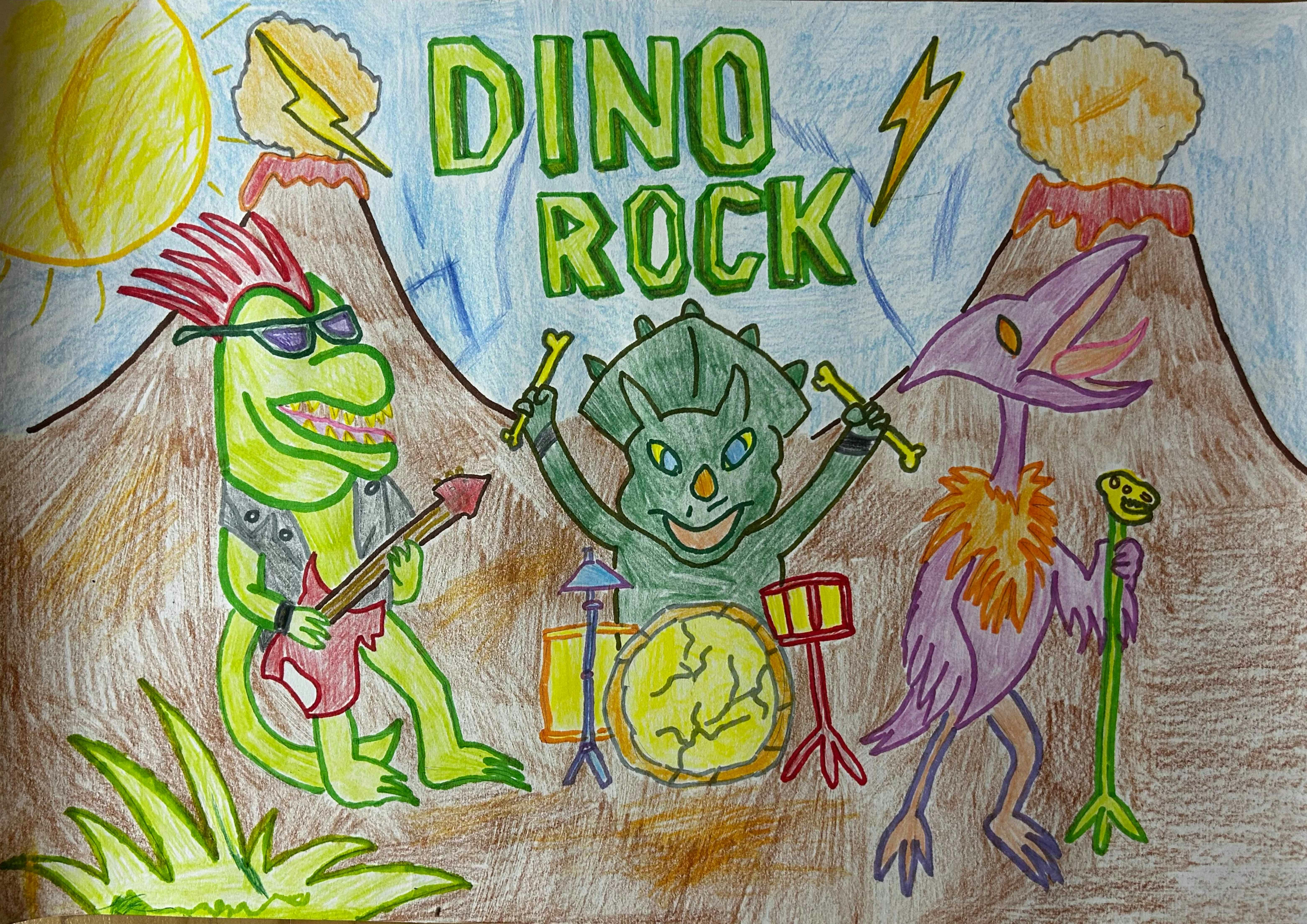 A dino-three-piece perform in front of two exploding volcanoes. There's a drummer in the middle, a guitarist to the left, and a vocalist to the right.