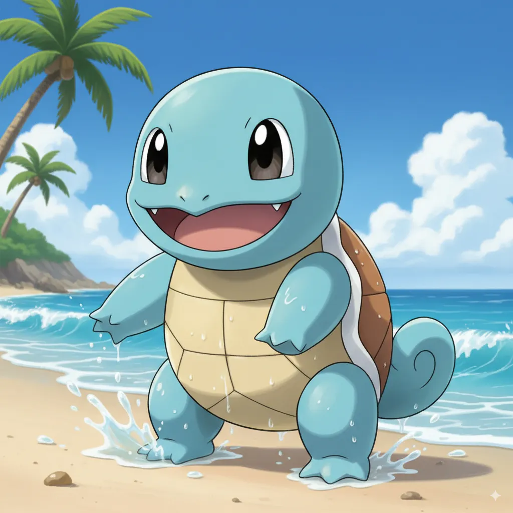 야자수가있는 해변의 파란색 포켓몬