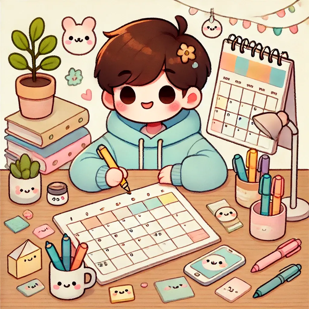 달력을 들고 책상에 앉아 있는 귀여운 소녀