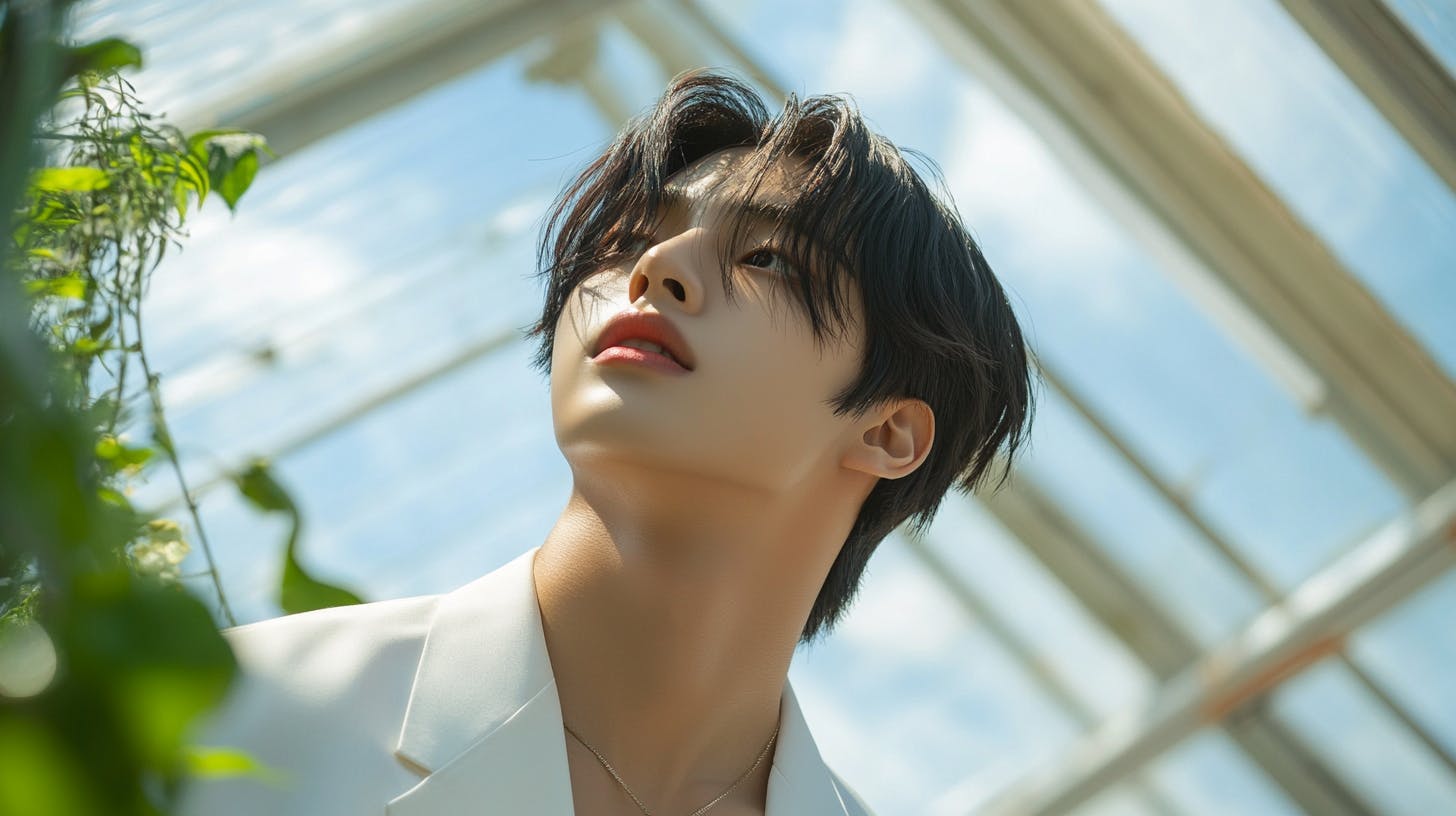 온실에 서있는 하얀 옷을 입은 청년