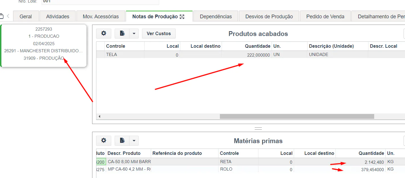Inconsistência nas informações de quantidade prevista e consumida de MP ...