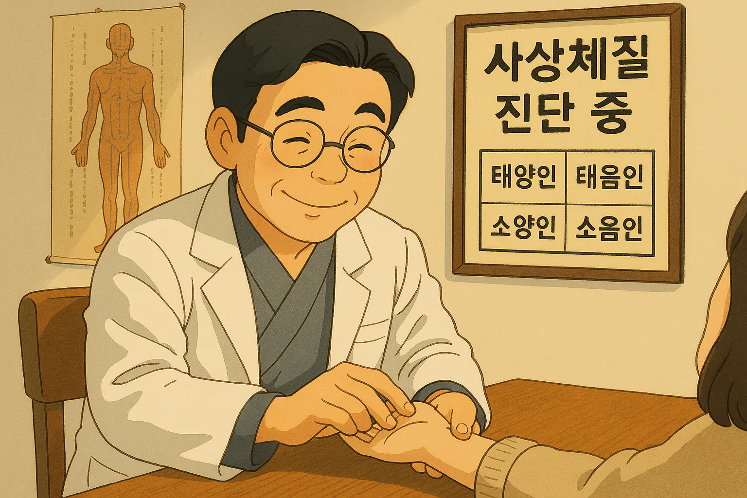 환자의 손을 검사하는 아시아 의사
