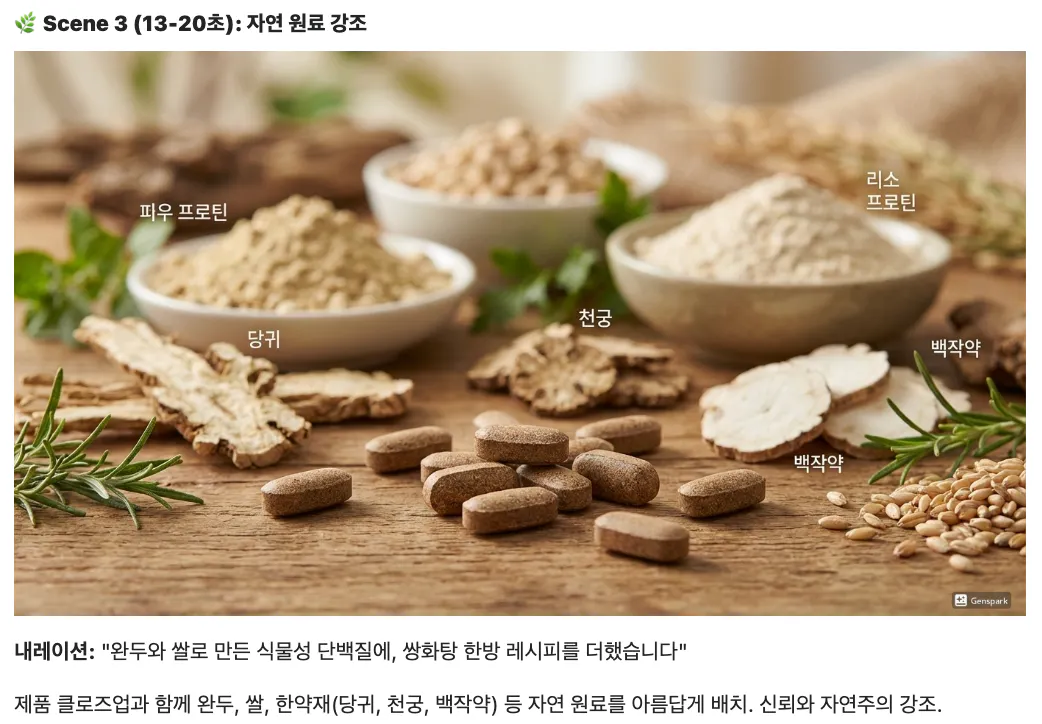 테이블 위에 다양한 허브와 향신료가 있는 한국 광고