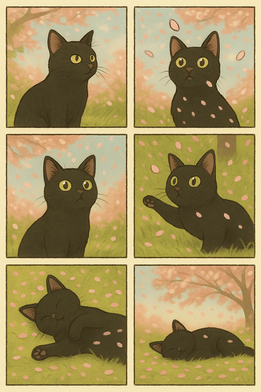 검은 고양이가 벚꽃으로 나무에 누워 있습니다.