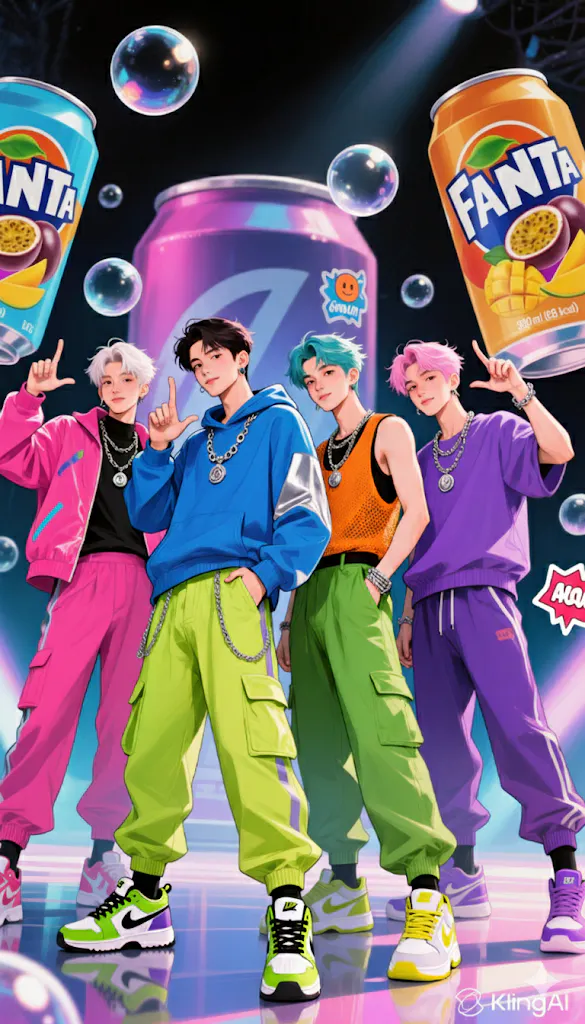 소다 캔 앞에서 포즈를 취하는 소년 그룹