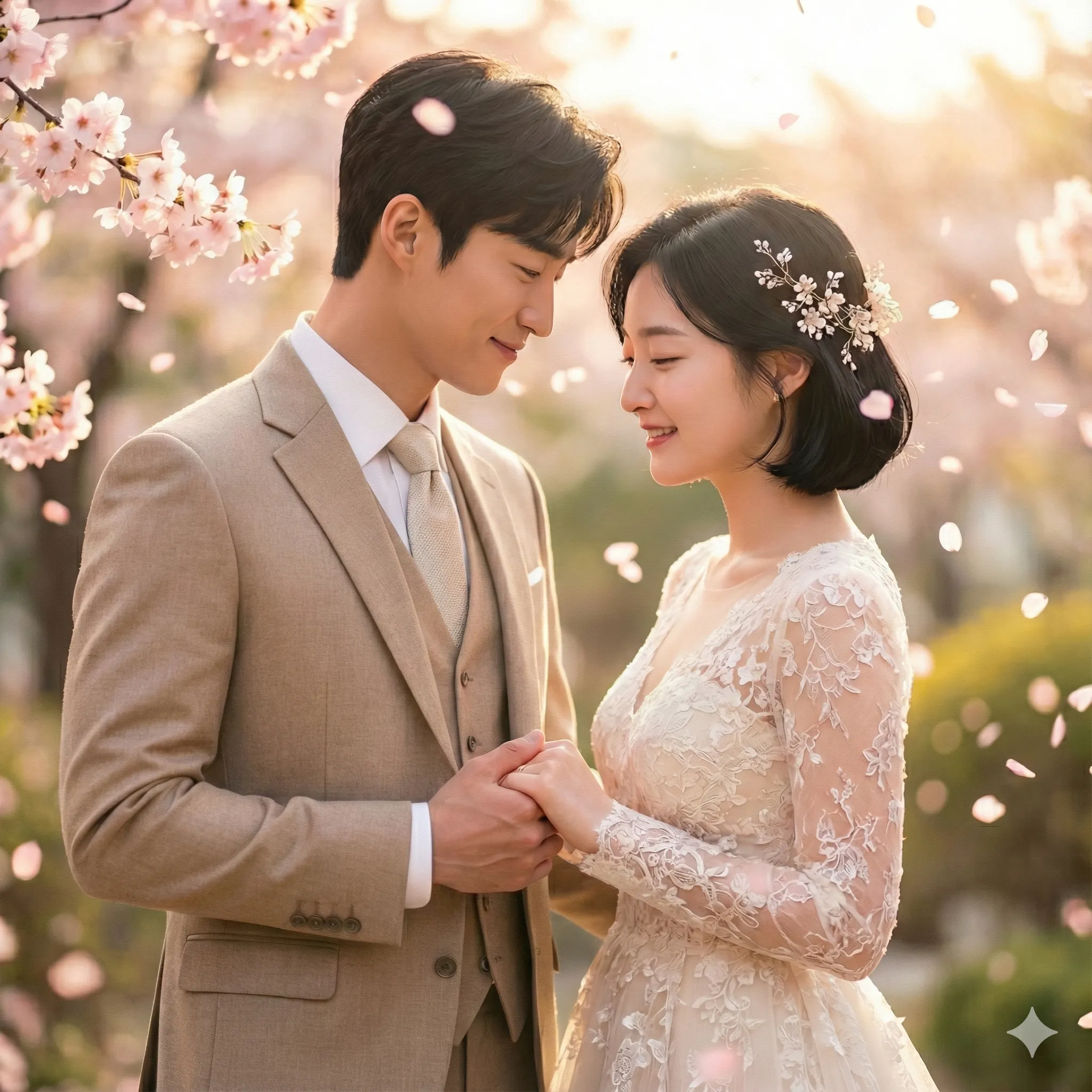 벚꽃 아래 서 있는 신랑 신부