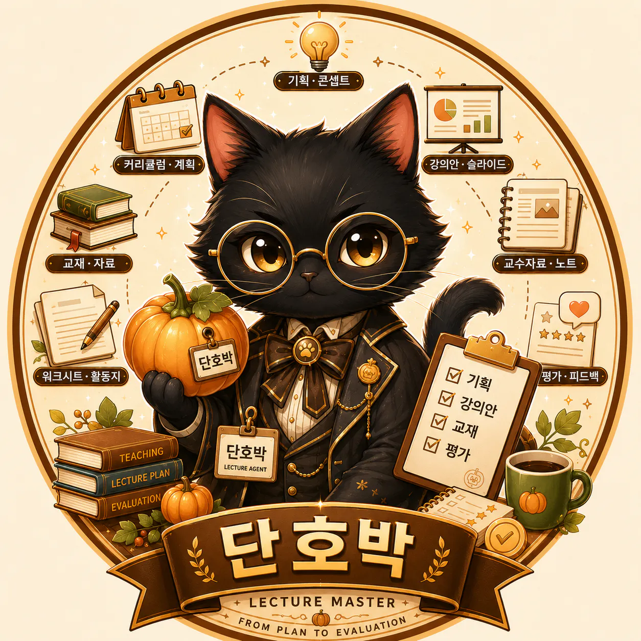 안경과  책을 들고 있는 검은 고양이의 그림
