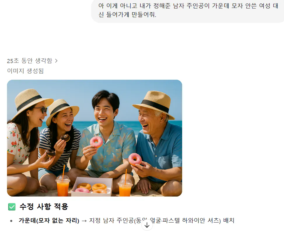 한 무리의 사람들이 해변에 앉아 도넛을 먹고 있습니다.