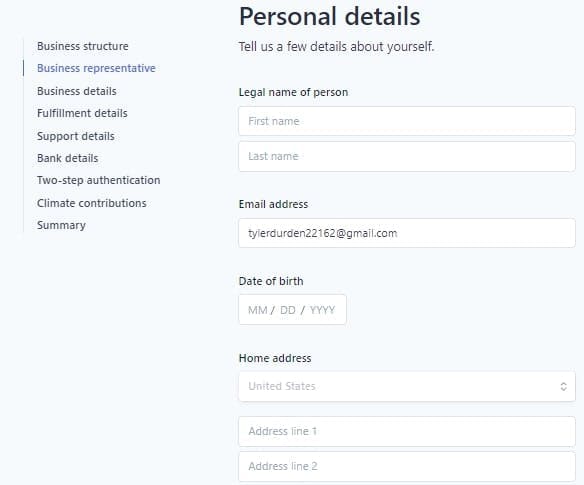 The page in Stripe account that requires personal details