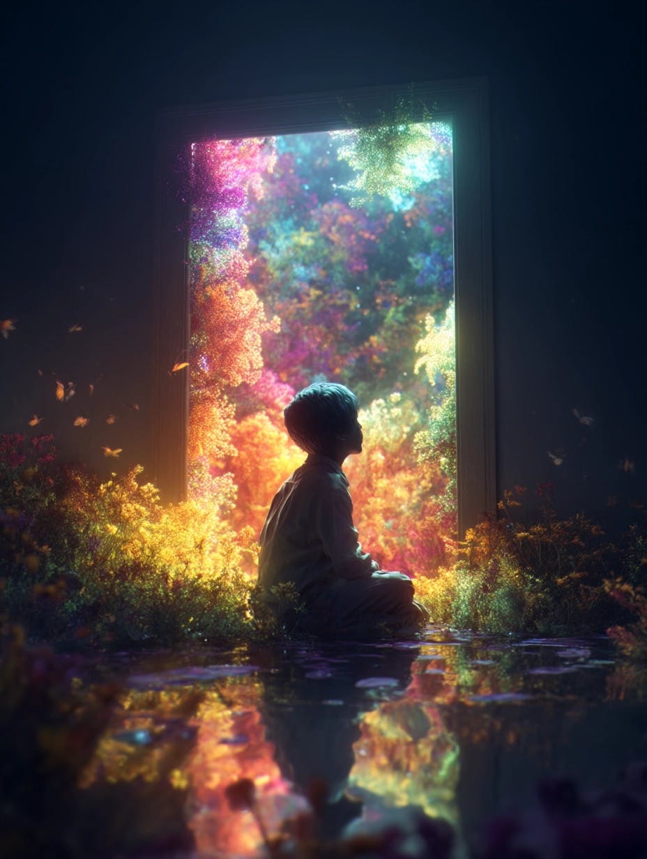 창문 앞에 앉아 꽃을보고있는 소년