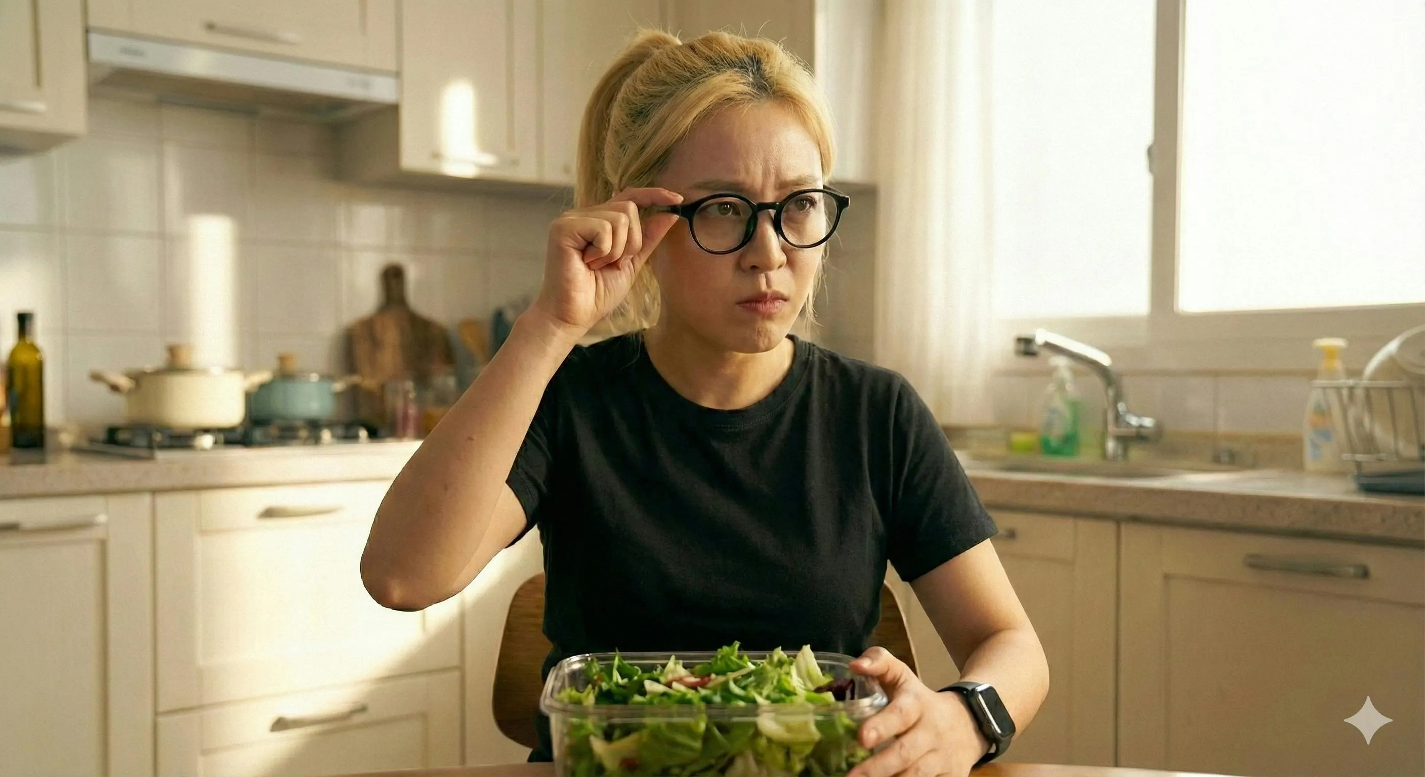 안경을 쓴 여자가 샐러드를 들고 테이블에 앉아 있다