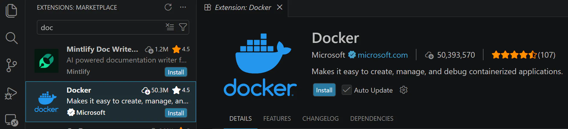 컴퓨터 화면에 표시된 Docker 앱의 스크린샷
