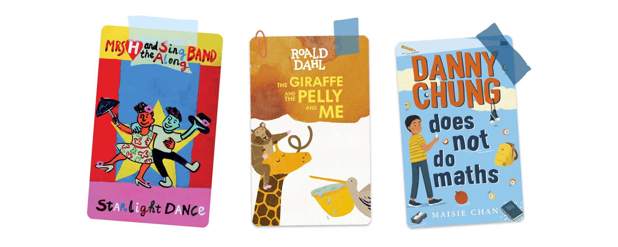 Three Yoto cards: Mrs H and the Singalong Band, The Giraffe and the Pelle and Me, and Danny Chung Does Not Do Maths