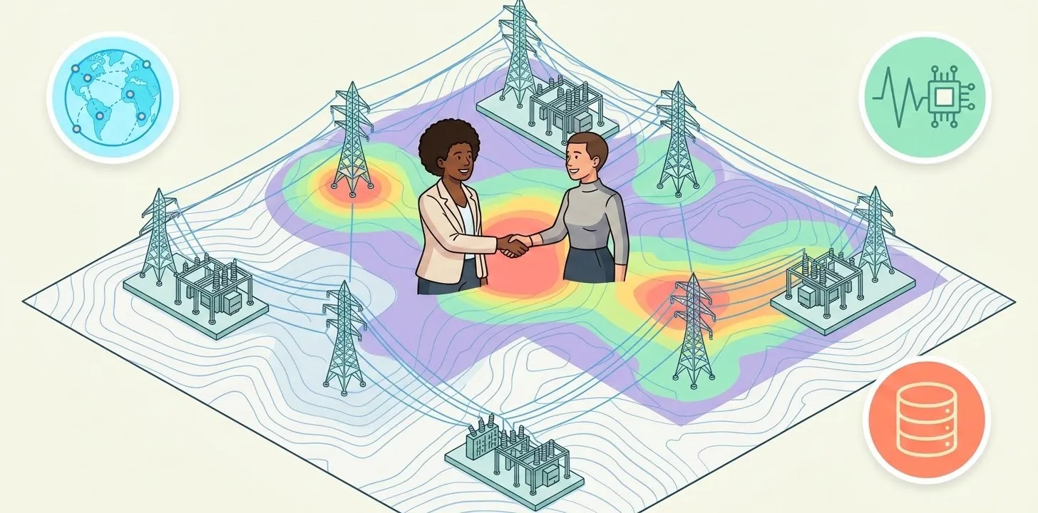 A professional and technical visual representing the convergence of electric utility grids and GIS, now including a central concept of two diverse people in professional attire shaking hands to symbolize collaboration. The image features a stylized, modern power grid network with transmission lines and substations. Overlaid on this network are vibrant, semi-transparent data visualization layers including heat maps for congestion, topographic contours, and digital icons representing spatial intelligence and power system analysis. The aesthetic is futuristic and precise, with a dark blue and teal color palette.