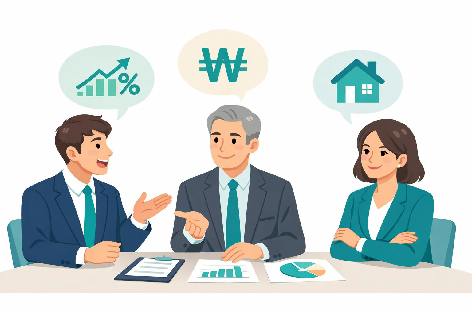 세 명의 사업가가 테이블에 앉아 돈에 대해 이야기하고 있다