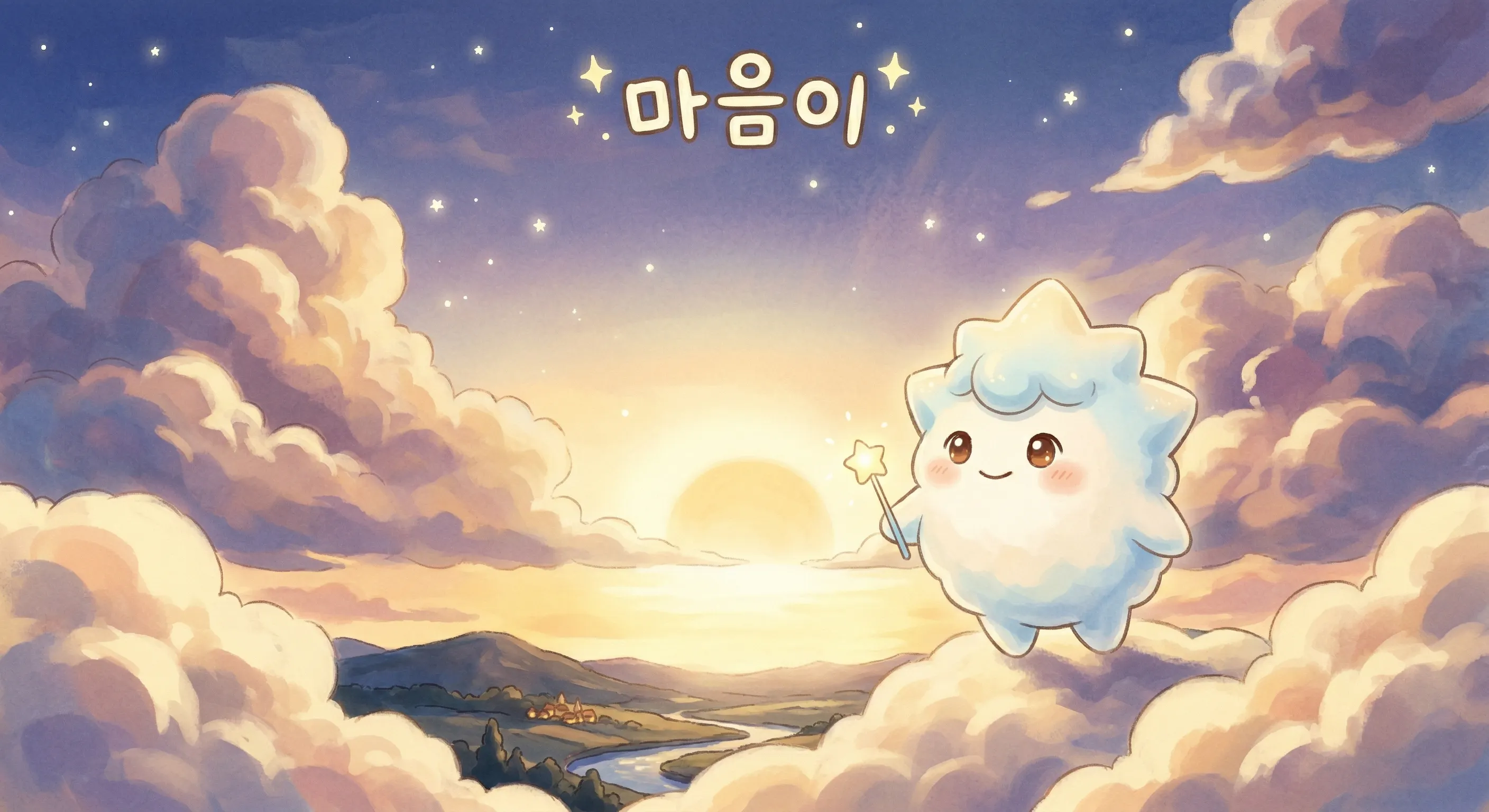 귀여운 만화 캐릭터가 구름 위에 서 있다