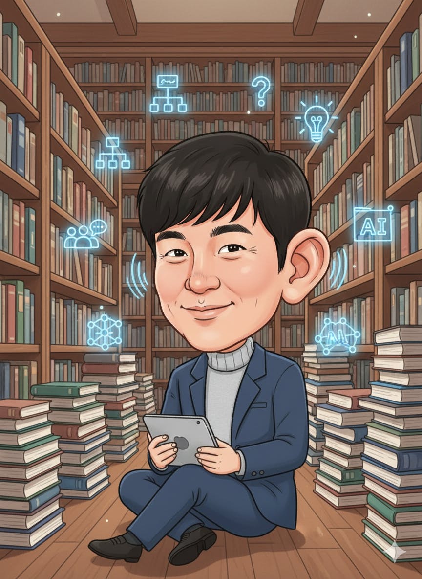 도서관에 앉아있는 남자의 만화