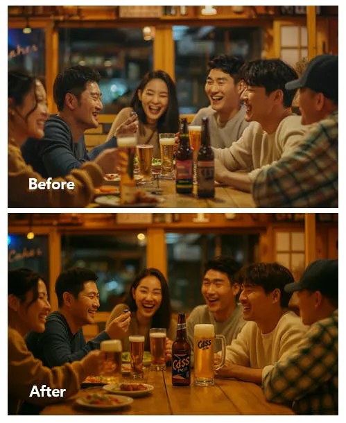 한 무리의 사람들이 테이블에 앉아 맥주를 마시고 있습니다.