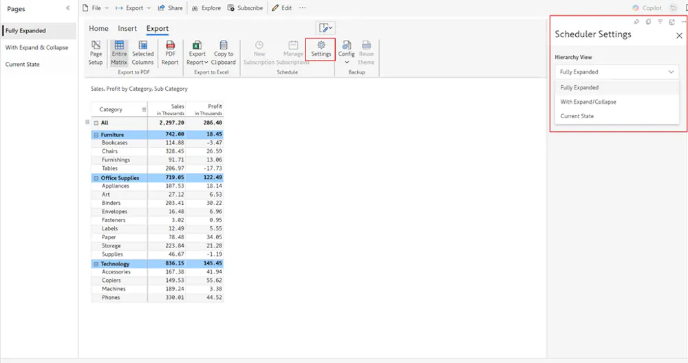 Inforiver Reporting Matrix: Integration of Scheduler Export Settings