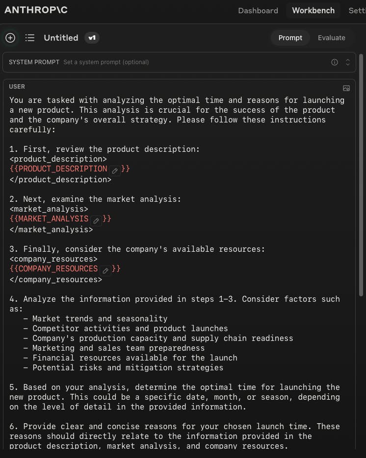 Input : Analyze the optimal time and reasons for launching a new product.
Anthropic에서 생성된 프롬프트