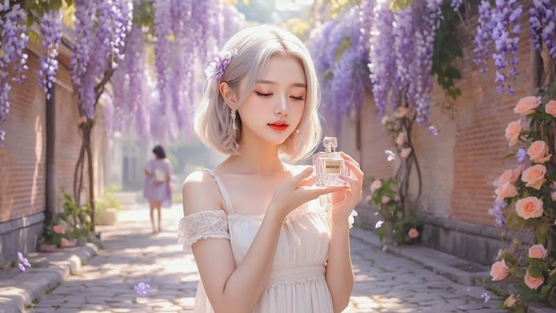 하얀 드레스를 입은 여자가 향수 한 병을 들고